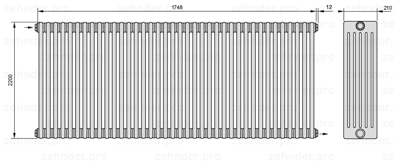 Схема (чертеж) Радиатор Zehnder Charleston 6220/38 №1670 Белый глянцевый RAL 9016